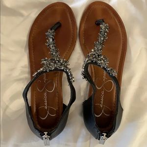 Jessica Simpson sandals Sz 7M. Blk w/ flwr crystal